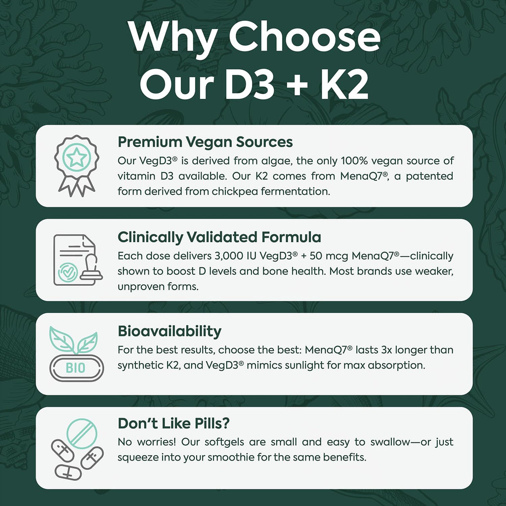 Organics Ocean Better D3 + K2-100% Organic VIT D3 and K2 Supplements with Maximum Bioavailability - Supports Bone Density, Calcium Balance, Immunity & Mood - 3-Pack, 90-Day Supply