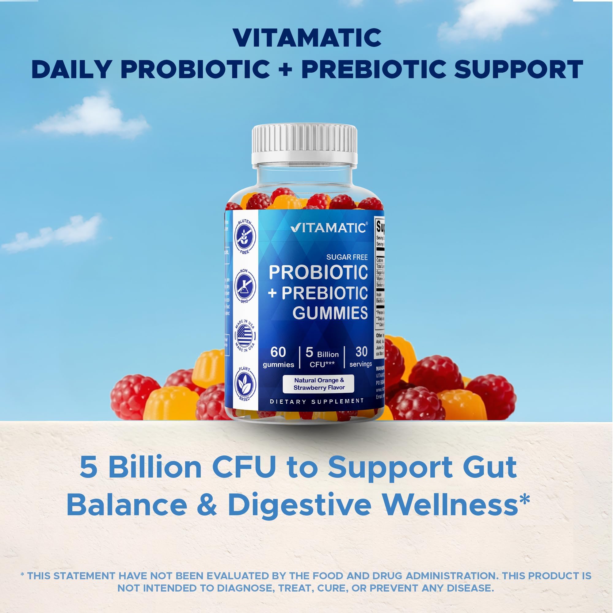 Vitamatic Sugar Free Probiotic + Prebiotic Gummies, 60 Count | 5 Billion CFU Bacillus Coagulans per serving, Support Digestive Health and Gut Flora Balance*, Non-GMO, Made in USA