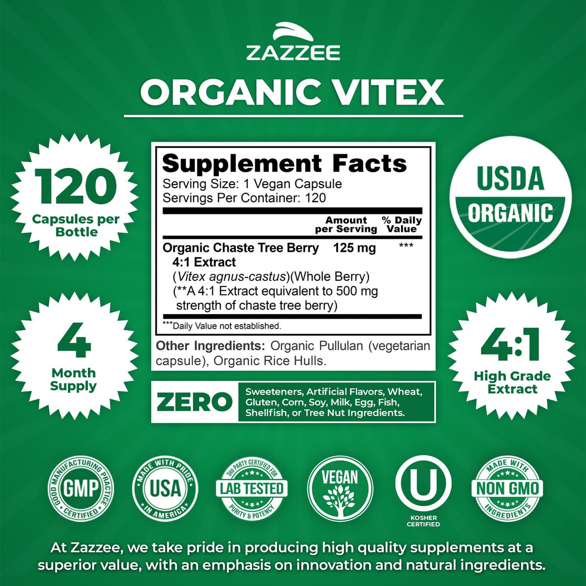 Zazzee USDA Organic Vitex Chasteberry, 120 Vegan Capsules, 4 Month Supply