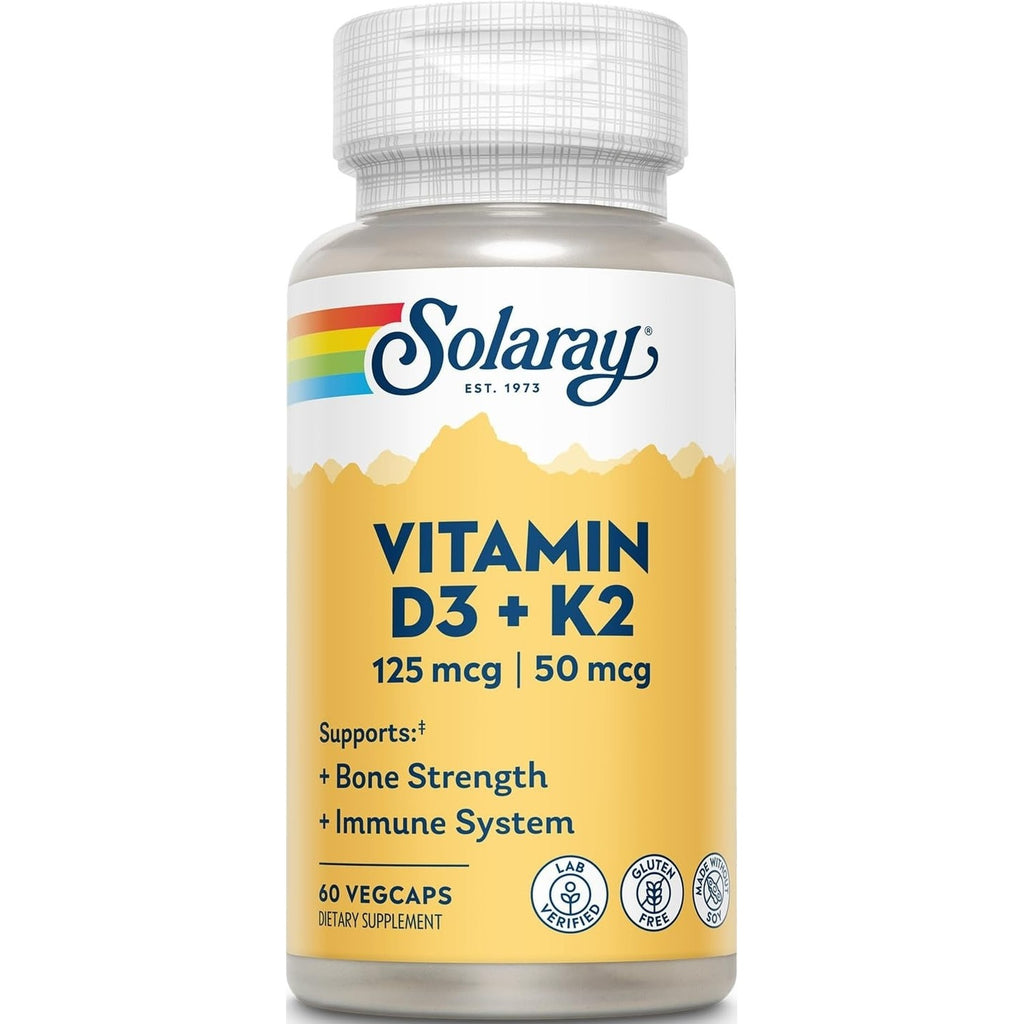 SOLARAY Vitamin D3 K2 Capsules, 60 VegCaps | Bone & Immune Support, 5000 IU Vitamin D3, 50 mcg MK7 Vitamin K2, 60 Servings, Made Without Soy, Lab Verified