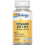 SOLARAY Vitamin D3 K2 Capsules, 60 VegCaps | Bone & Immune Support, 5000 IU Vitamin D3, 50 mcg MK7 Vitamin K2, 60 Servings, Made Without Soy, Lab Verified