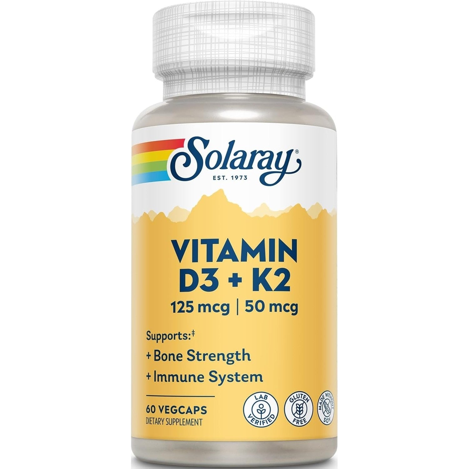 SOLARAY Vitamin D3 K2 Capsules, 60 VegCaps | Bone & Immune Support, 5000 IU Vitamin D3, 50 mcg MK7 Vitamin K2, 60 Servings, Made Without Soy, Lab Verified