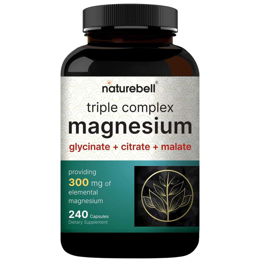 NatureBell Triple Magnesium Complex, Glycinate Citrate Malate, 240 Capsules | 1,000 mg Blend Per Serving. 3-in-1 Chelated Magnesium Supplement with Vitamin C. For Women & Men. Filler Free, Non-GMO.