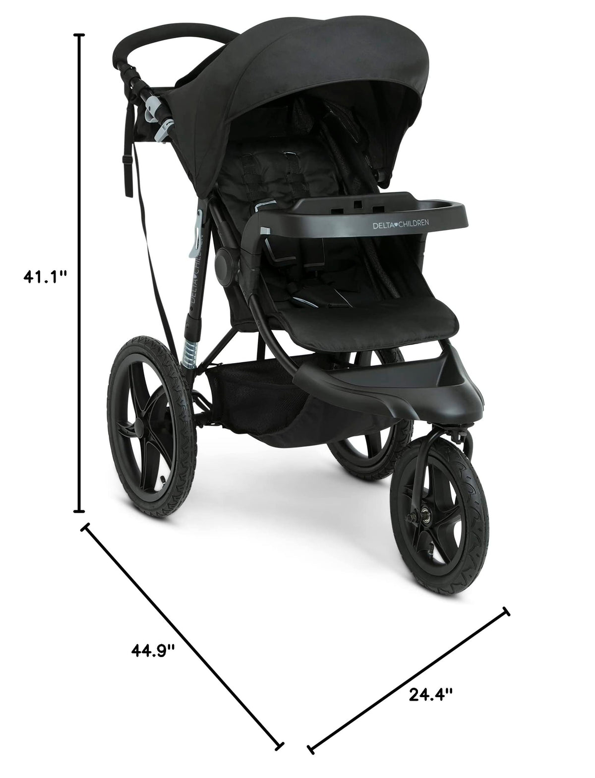 Delta Children Apollo Jogging Stroller - Shock Absorbing Frame with Large Canopy & Recline - Car Seat Compatible, Black