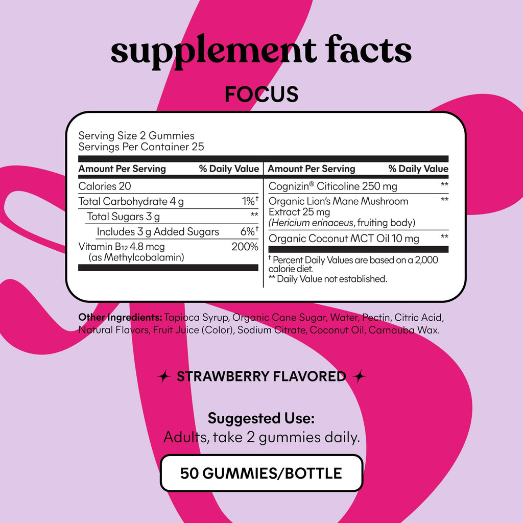 Lemme Focus Concentration & Brain Health Gummies (50 Gummies) | Cognizin Citicoline, Lion's Mane Mushroom, Vitamin B12 to Support Focus + Concentration - Gluten Free, Caffeine Free