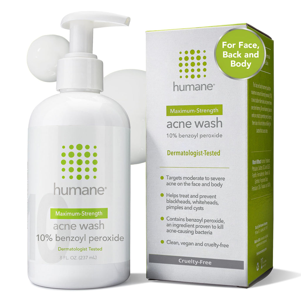humane Benzoyl Peroxide Acne Body Wash - Non-Foaming - 10% Maximum-Strength | Vegan & Cruelty-Free Face, Skin, Butt, & Back Acne Treatment - Dermatologist-Tested Acne Face Wash Cleanser - 16 Fl Oz