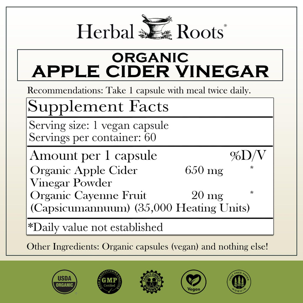 Herbal Roots Organic Apple Cider Vinegar Capsules with Mother - Pure Extra Strength - 60 Vegan Capsules