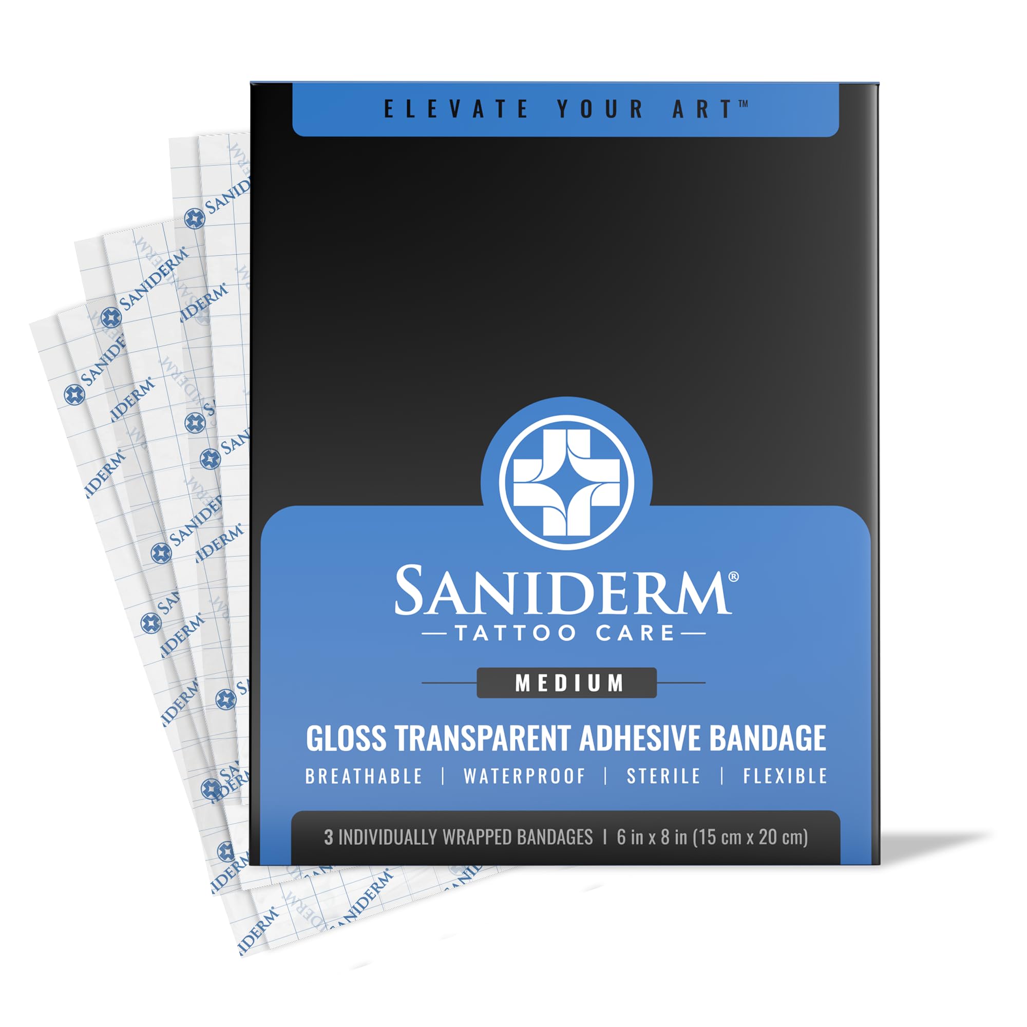 Saniderm - Tattoo Aftercare Bandage 10 Sheets - 4 x 4 Inch Small Pack | Contains Waterproof, Sterile, Latex-Free Bandage Sheets and Medical-Grade Tattoo Aftercare Film for Fresh Ink Protection.