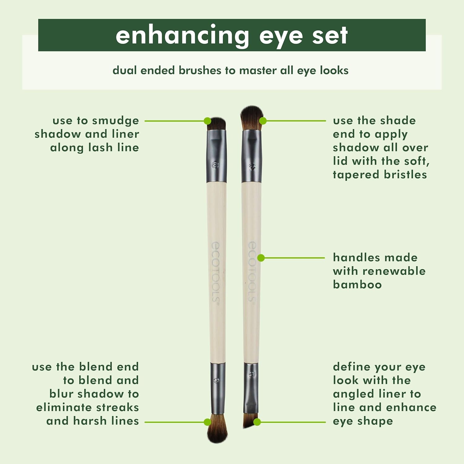 Buy now EcoTools Enhancing Eye Brush Set, Makeup Brushes For Liquid, Cream & Powder Eyeshadow & Eye Liner Application, Dual-Sided & Eco-Friendly, Synthetic Bristles, Cruelty-Free, 2 Piece Set at indiglob india