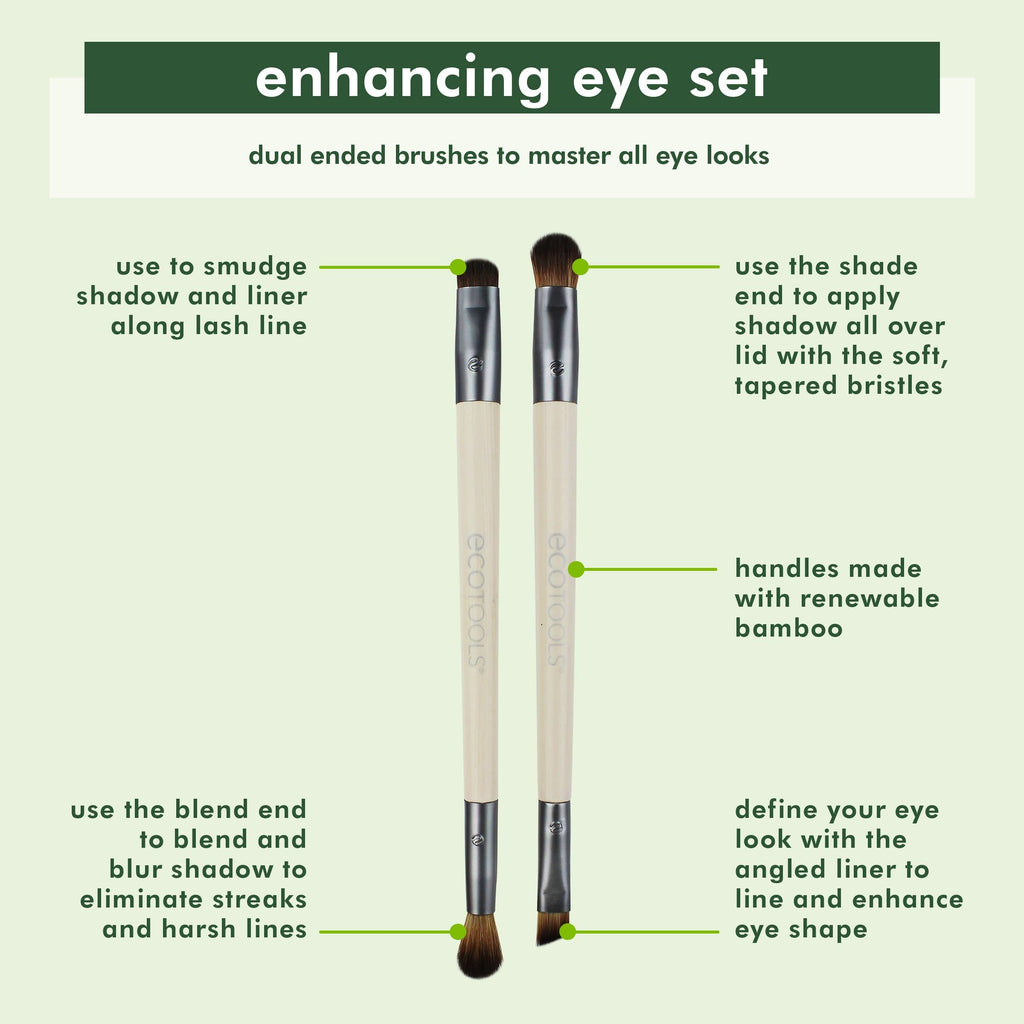 EcoTools Enhancing Eye Brush Set, Eye Makeup Brushes, 2 Piece | Create complete eye looks, dual-ended makeup brushes set, for liquid, cream, powder, eyeliner brush