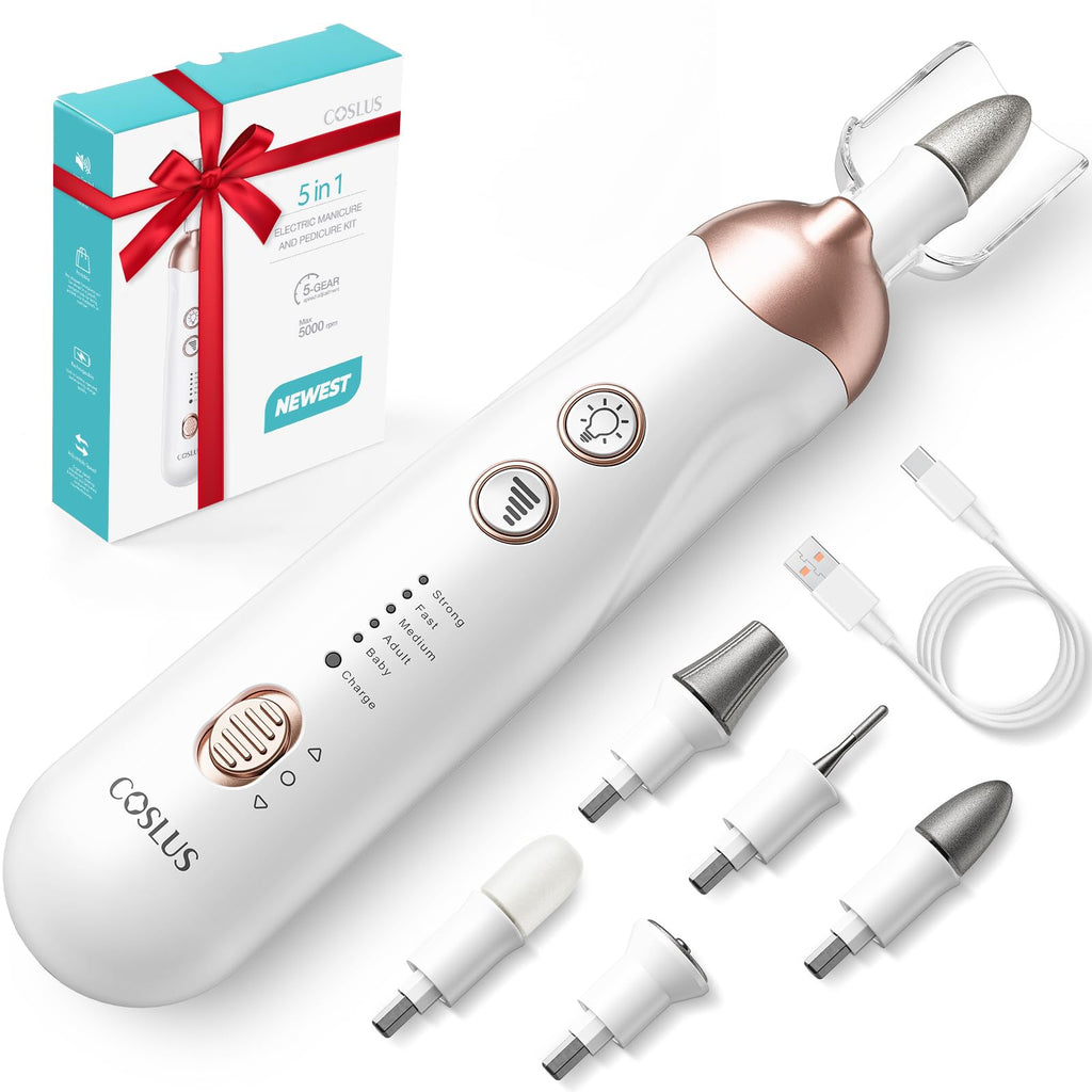 COSLUS C43 Professional Manicure Pedicure Kit with Upgrade Wider Grinder | 5-in-1 Electric Nail File for Toenail Hand Feet, Thick Nails Care, Cordless, 5 Speeds, Men Women Seniors, Home Salon, White