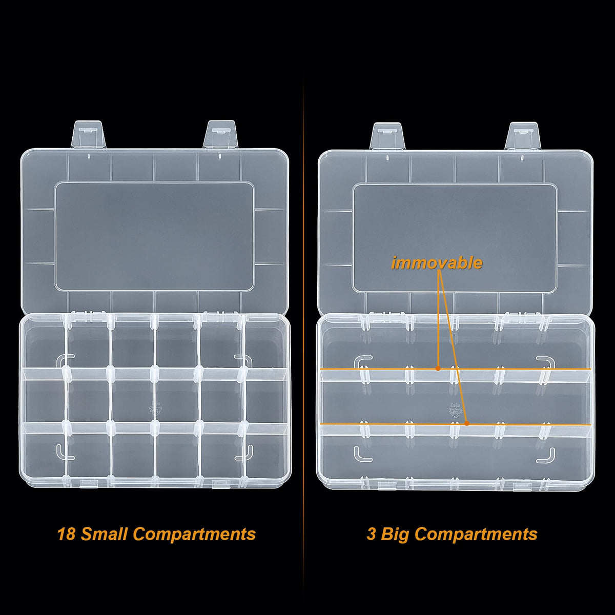 CGCG 3-Pack 18-Grid Clear Plastic Beads Organizer Box 7.9x5.8