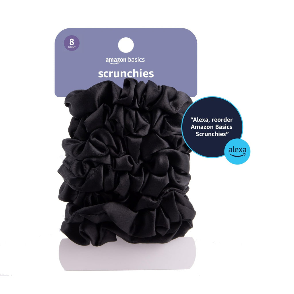 Amazon Basics Satin Scrunchies – No Crease, No Damage Hair Ties – Frizz Free, Gentle, Stylish Scrunchies. Black, 8 Count, For Thin and Normal Hair