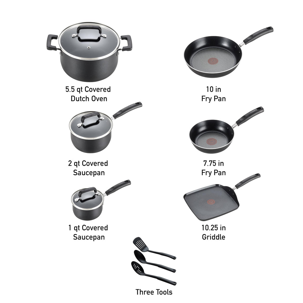 Buy now T-fal Signature Nonstick Cookware Set 12 Piece, Oven Broiler Safe 350F, Pots and Pans, Kitchen Cooking Set w/Fry Pans, Saucepans, Saute Pan, Dutch Oven, Griddle, Kitchen, Home, Dishwasher Safe, Black at indiglob india