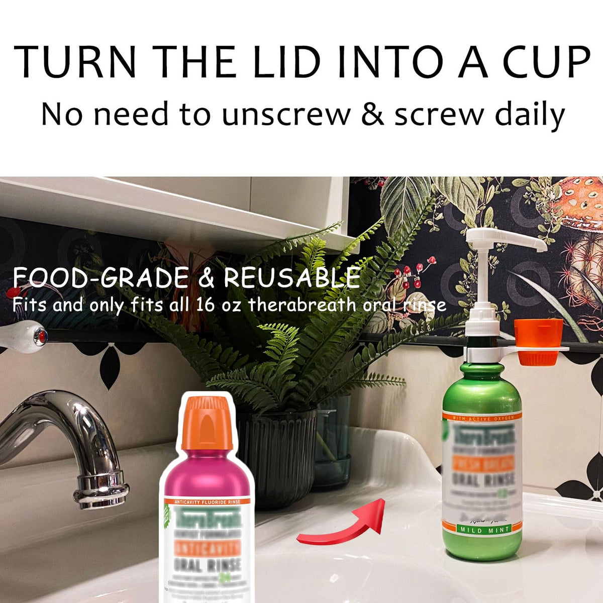 [Upgraded 3 Pack] Mouthwash Dispenser Pump with Cup Holder Set for TheraBreath 16 Fl Oz Mouthwash Oral Rinse, Fits ICY Mint, Mild Mint, Whitening, Anticavity, Kids, Alcohol-Free, etc.