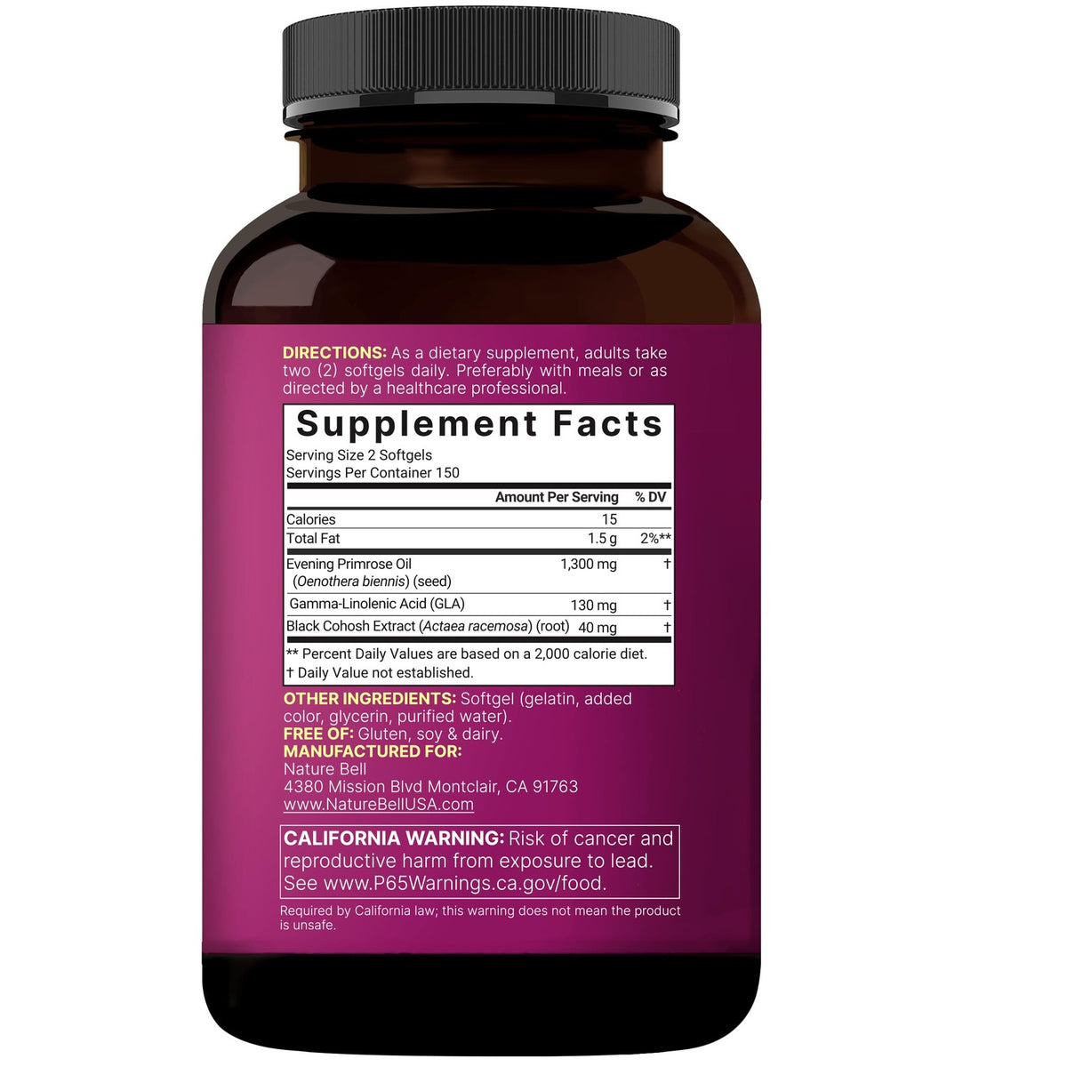 NatureBell Evening Primrose Oil with Black Cohosh, 1,300mg Per Serving, 300 Mini-Softgels | Cold Pressed Seeds, Retains 130mg GLA for Womens Health & Skin Care Support – Hexane Free, Non-GMO