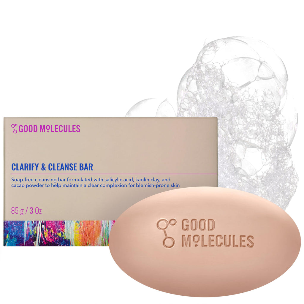 Good Molecules Clarify and Cleanse Bar, Salicylic Acid Bar Soap, 3.15 oz | Soap-free cleansing bar with salicylic acid, kaolin clay, and cacao for blemish-prone skin.
