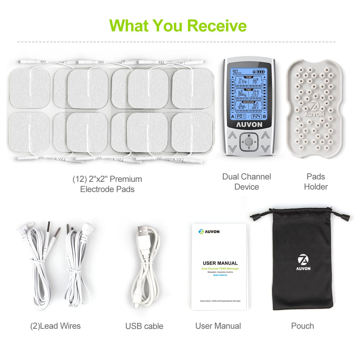 AUVON Dual Channel TENS Unit 24 Modes Muscle Stimulator for Pain Relief,Rechargeable TENS Machine Massager with 12 Pads, ABS Pads Holder, USB Cable and Dust-Proof Storage Bag