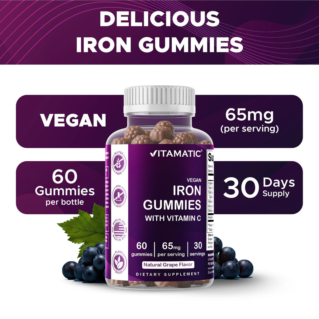 Vitamatic Iron 65 mg with Vitamin C - 60 Vegan Gummies - 3 Pack | 65 mg Iron Per Serving, Natural Grape Flavor, Plant Based, Gluten Free, Non-GMO, Made in USA
