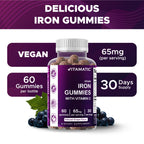 Vitamatic Iron 65 mg with Vitamin C - 60 Vegan Gummies - 3 Pack | 65 mg Iron Per Serving, Natural Grape Flavor, Plant Based, Gluten Free, Non-GMO, Made in USA