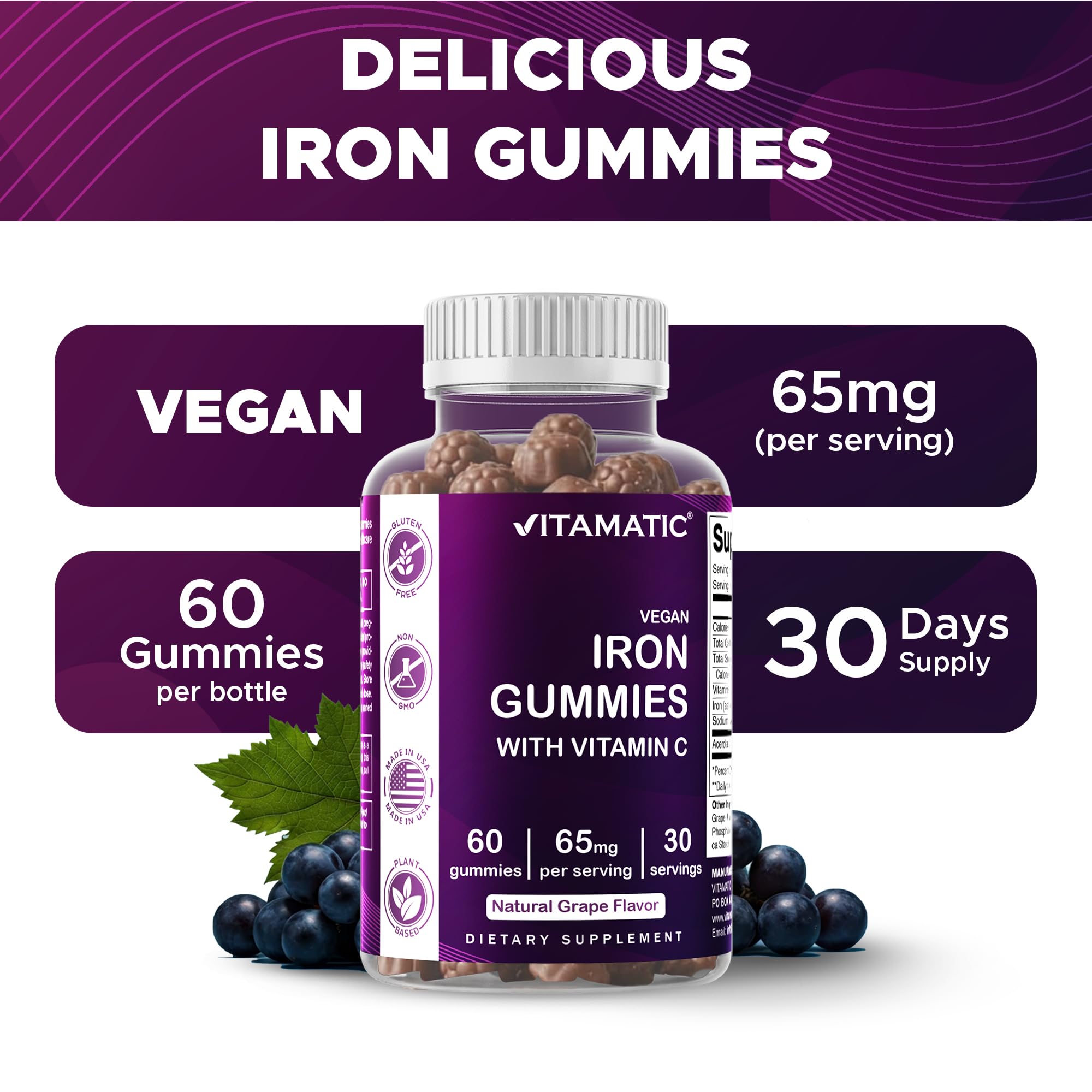 Vitamatic Iron 65 mg with Vitamin C - 60 Vegan Gummies - 3 Pack | 65 mg Iron Per Serving, Natural Grape Flavor, Plant Based, Gluten Free, Non-GMO, Made in USA