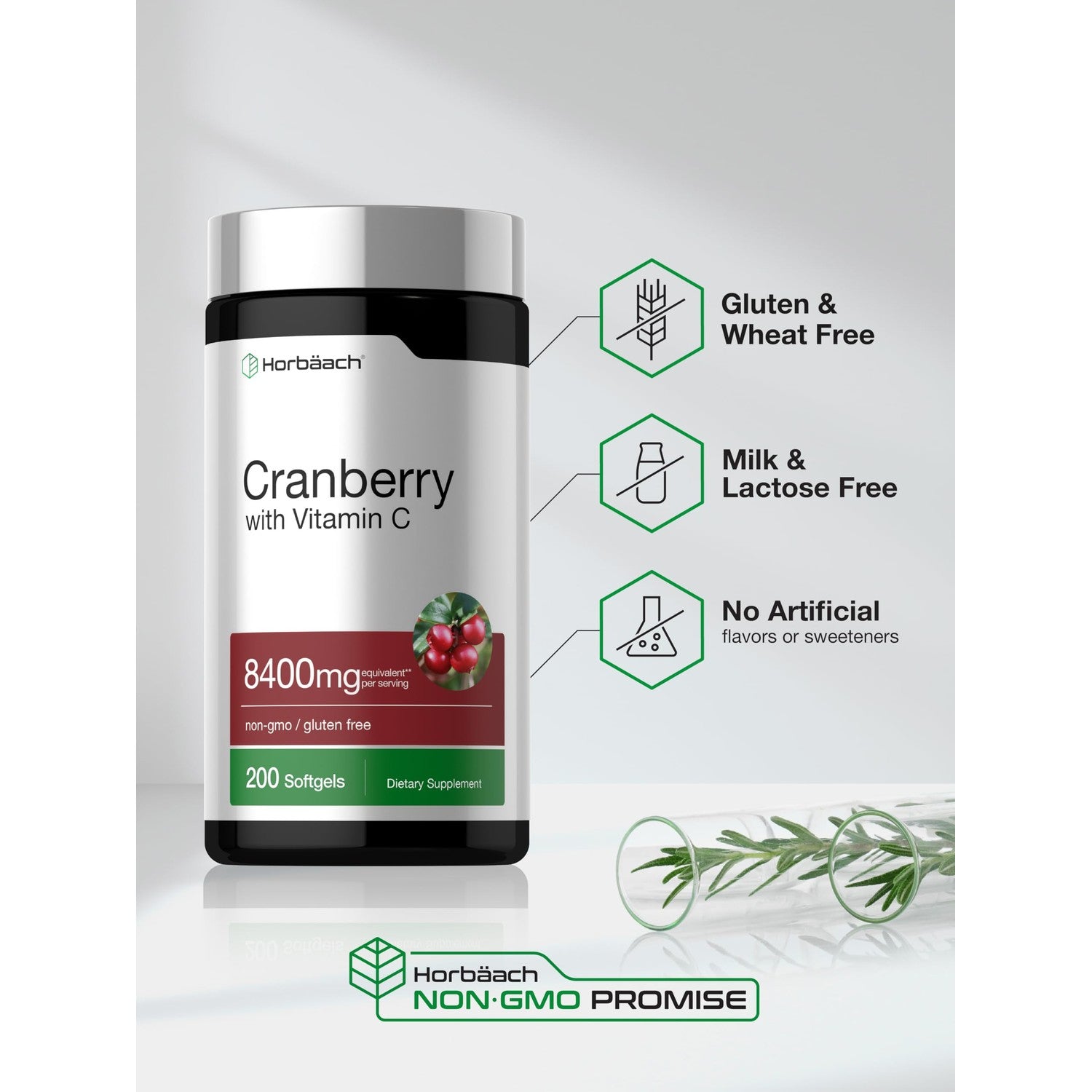 Horbäach Cranberry Pills for Women and Men | 200 Softgels | Extract Supplement with Vitamin C | Non-GMO, Gluten Free