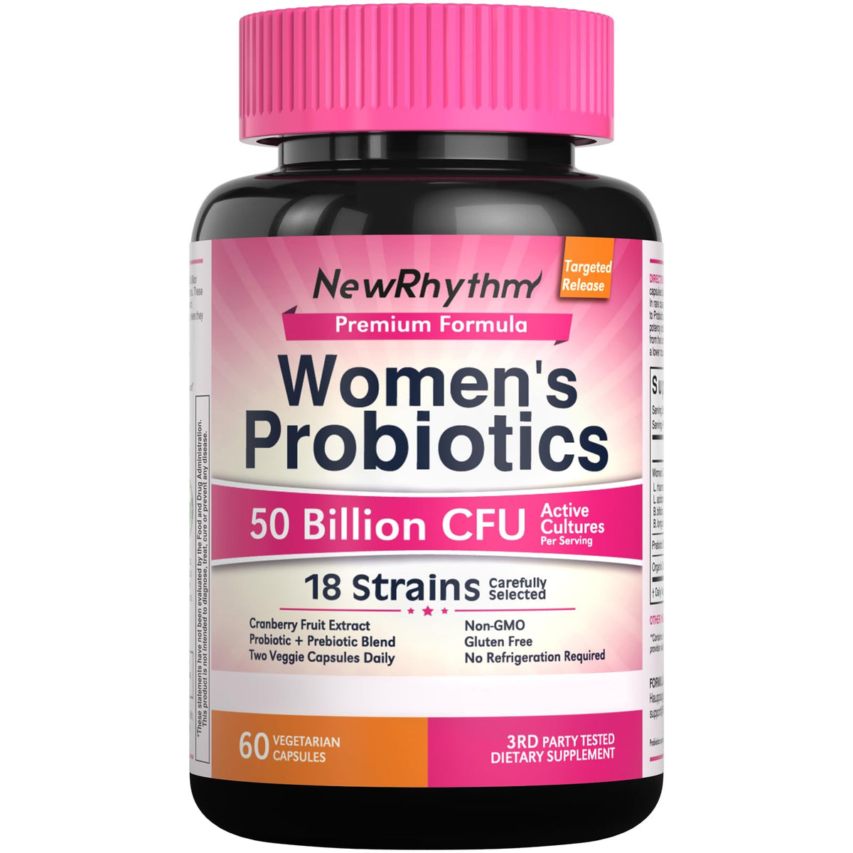 NewRhythm Women's Probiotics, Organic Cranberry, 50 Billion CFU 18 Strains, Probiotics with Prebiotics, Support Digestive Health, No Refrigeration Needed, Non-GMO, No Soy, 60 Vegan Capsules, No Dairy