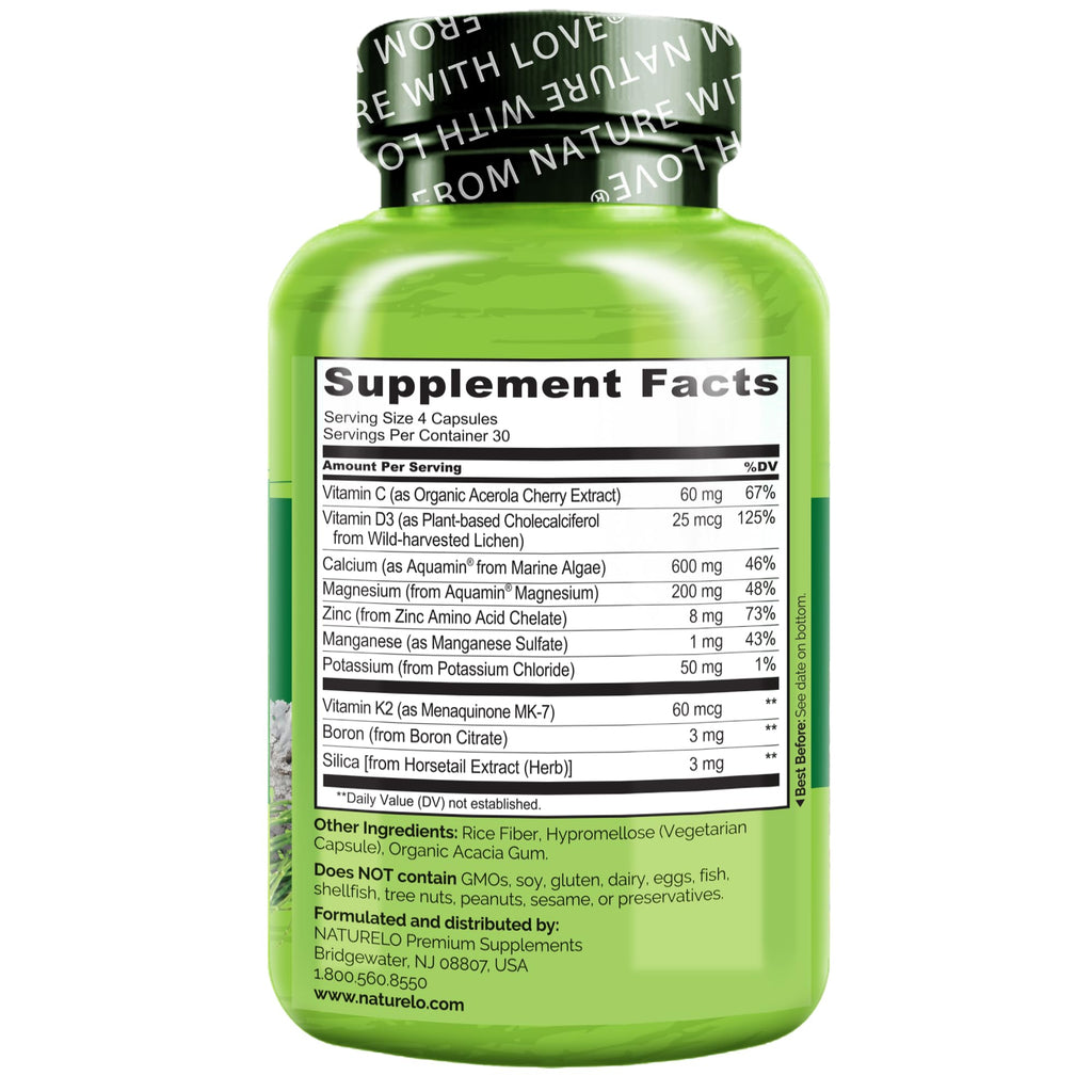 NATURELO 600mg Calcium Supplement for Bone Strength, VIT D3, 120 Capsules | Magnesium, Zinc, Vit K2, for Women & Older Adults, Plant-Based, Well Tolerated, NSF Contents Certified, MFD in GMP Facility