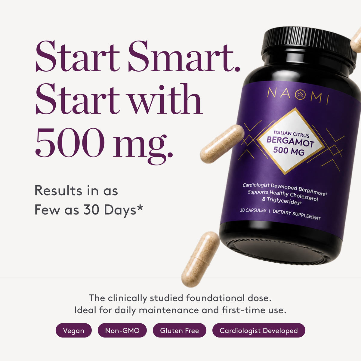 NAOMI Italian Citrus Bergamot 500mg - Supports Healthy Cholesterol & Triglyceride Levels Already in Normal Range - Patented BergAmore® Extract, 7 Key Polyphenols, 1-Capsule Daily, 30-Day Supply