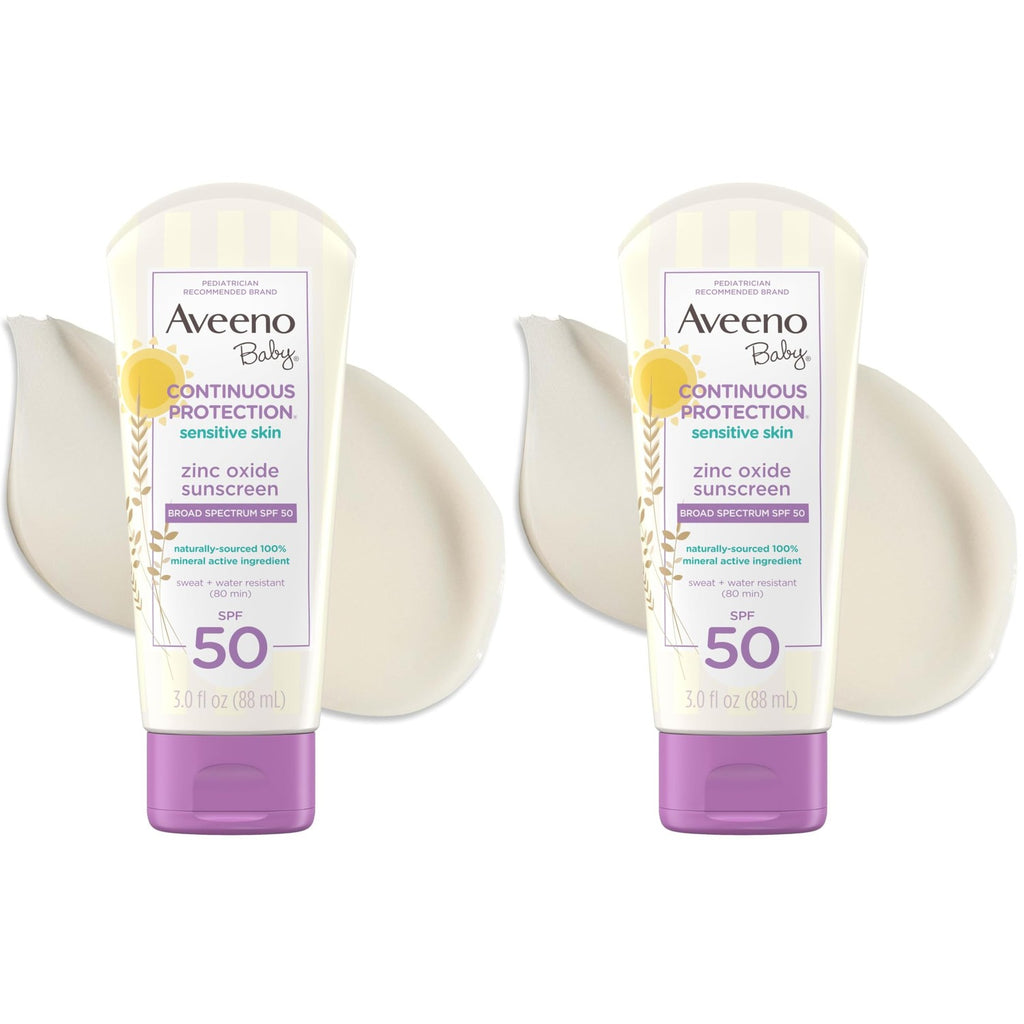Aveeno Baby Continuous Protection Zinc Oxide SPF 50 Sunscreen for Babies with Sensitive Skin, Broad Spectrum Sun Protection, Tear-Free, Sweat- & Water-Resistant, No added Parabens, 3 Fl Oz