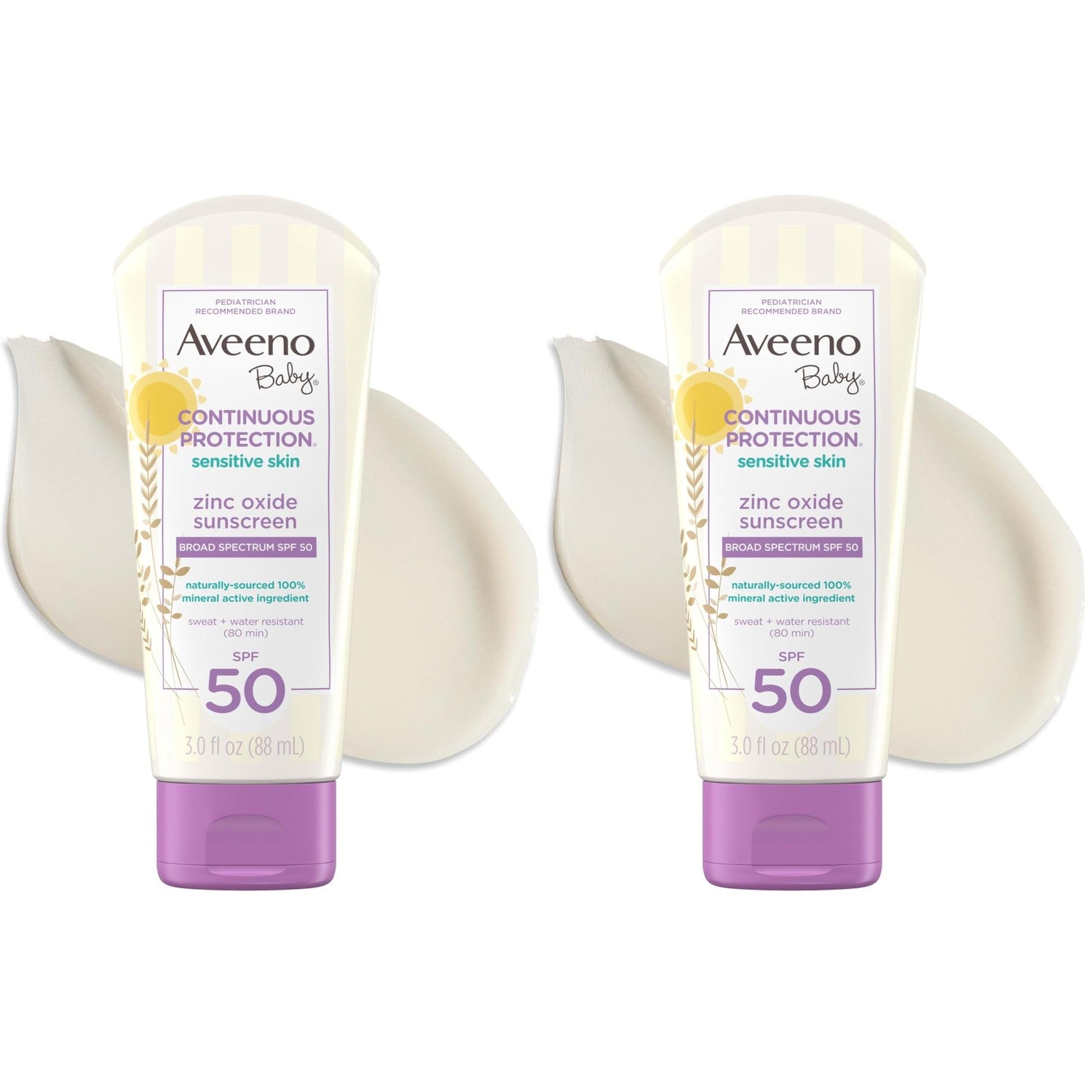 Aveeno Baby Continuous Protection Zinc Oxide SPF 50 Sunscreen for Babies with Sensitive Skin, Broad Spectrum Sun Protection, Tear-Free, Sweat- & Water-Resistant, No added Parabens, 3 Fl Oz