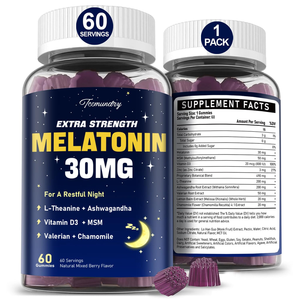 Melatonin Gummies 30mg for Adults: Maximum Strength Melatonin Supplement | with L-Theanine, Ashwagandha, MSM, Vitamin D3 & Zinc - Non-Habit Forming, Natural Mixed Berry Flavor 120 Count