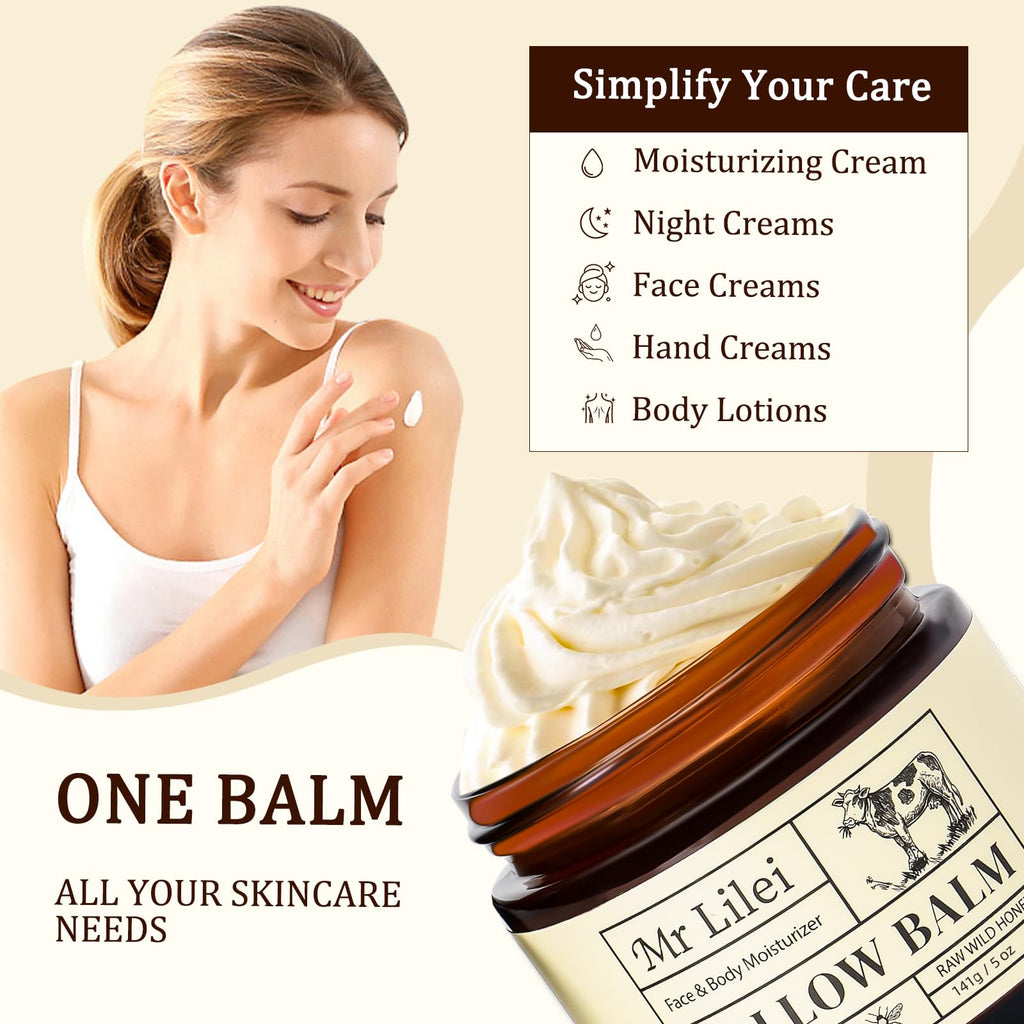 Beef Tallow for Skin - 100% Grass Fed Whipped Tallow and Honey Balm - Unscented, Non-Greasy Daily Face Moisturizer & Body Butter for Dry Sensitive Skin (5oz)