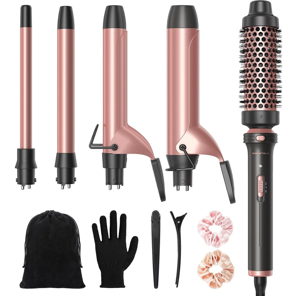 Wavytalk 5 in 1 Curling Iron Set with Heated Round Brush for Blowout Look | 4 Interchangeable Curling Iron(0.5”-1.25"), Ceramic-Coated Barrels for Smooth Glide,Less Damage,Dual Voltage Hair Curler
