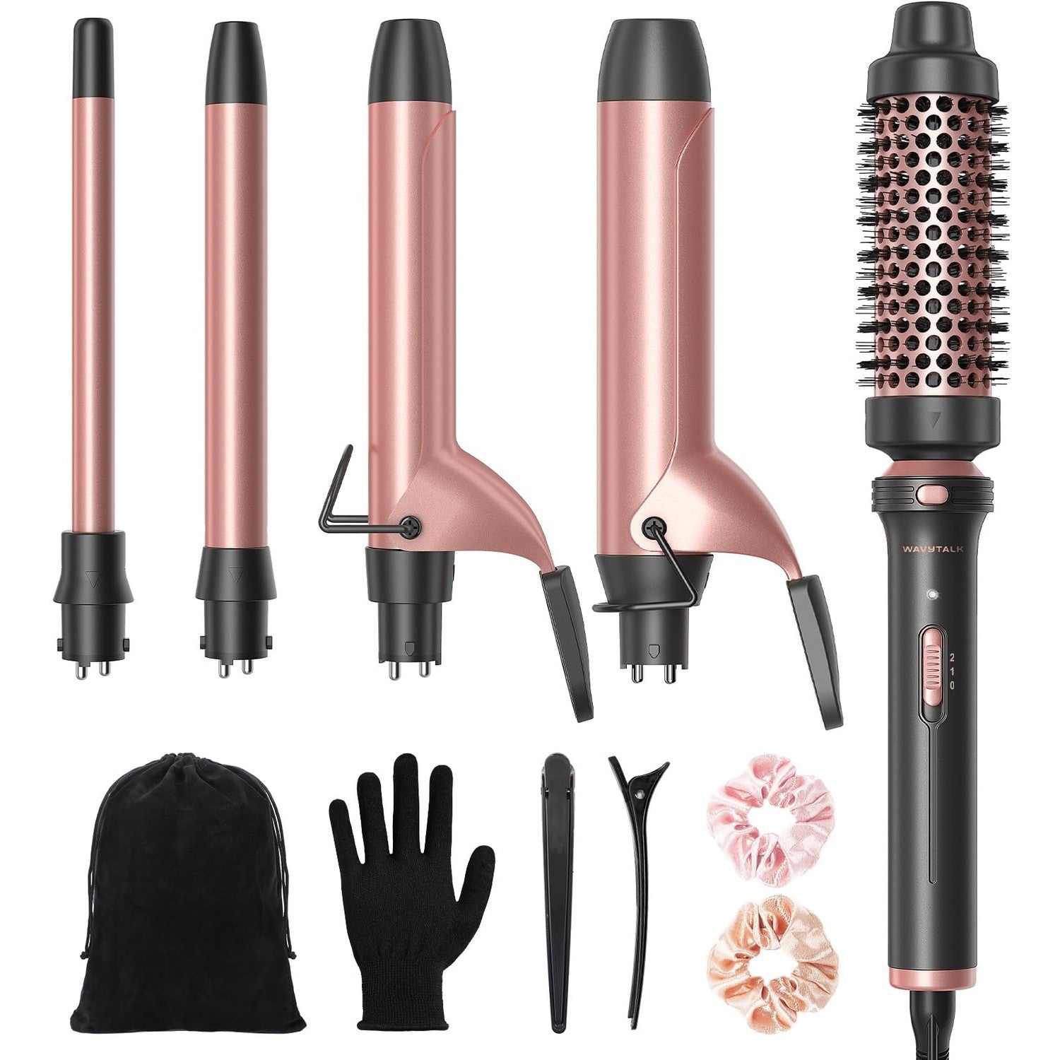Wavytalk 5 in 1 Curling Iron Set with Heated Round Brush for Blowout Look | 4 Interchangeable Curling Iron(0.5”-1.25"), Ceramic-Coated Barrels for Smooth Glide,Less Damage,Dual Voltage Hair Curler