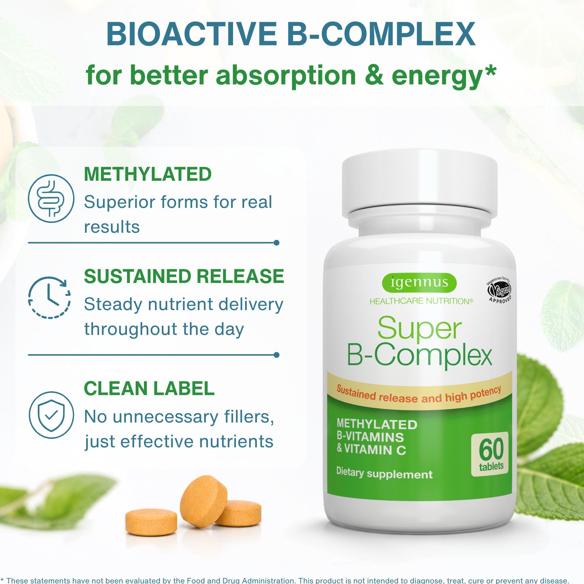 Igennus High Absorption Super B-Complex Methylated & Active B Vitamins | Sustained Release, Clean Label, Energy, Mood & Cognitive Performance, Methylfolate & Methyl B12, Lab Verified, 60 Tablets