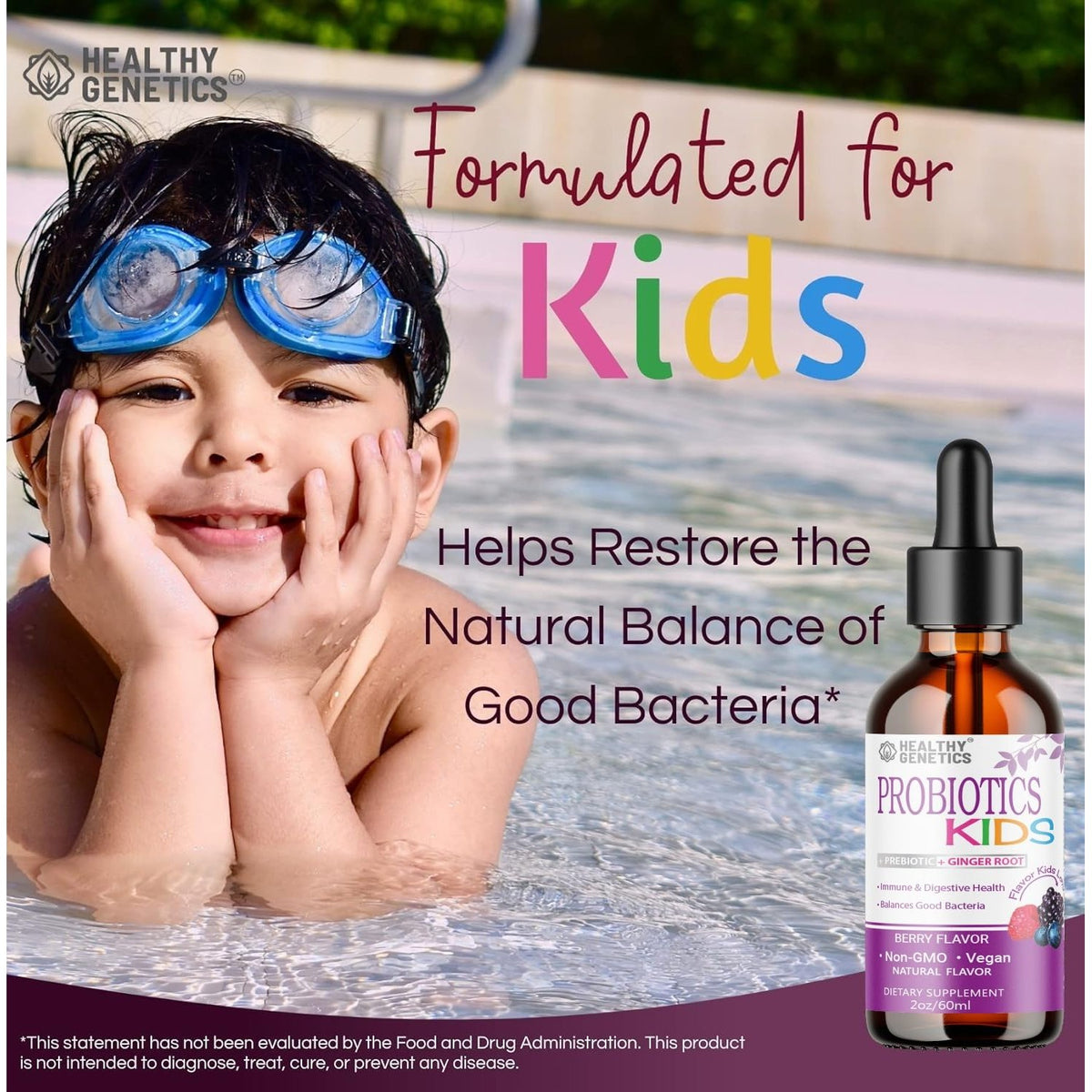 Liquid Probiotics for Kids & Toddlers | + Prebiotic + Ginger Root | Acidophilus Probiotic | Dairy Free | Vegan | Non-GMO | Gluten Free | 30-60 Servings