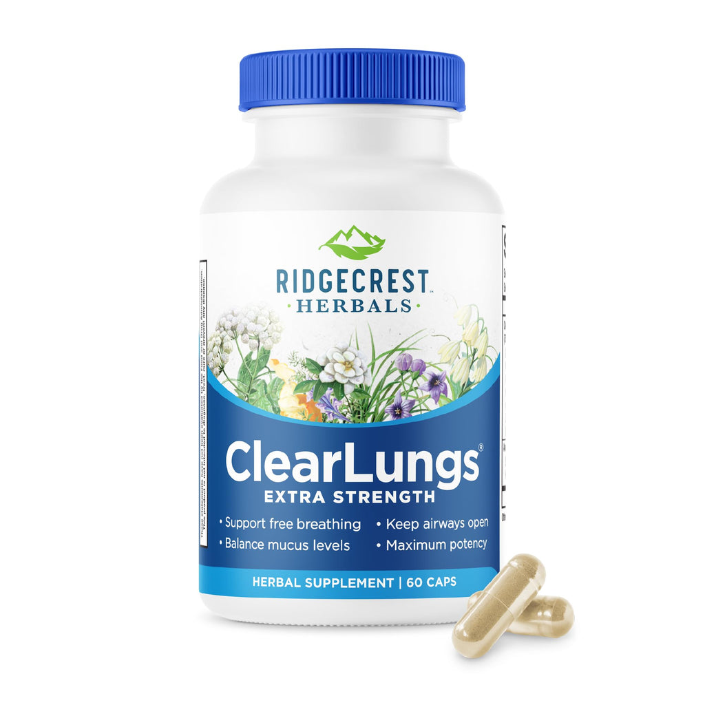 RidgeCrest Herbals ClearLungs Extra Strength Lung Health Support 60 Ct | 30 Servings, 13 Unique Herbs, Natural Nasal Support, Respiratory Comfort, 50% more than Classic with Availablend