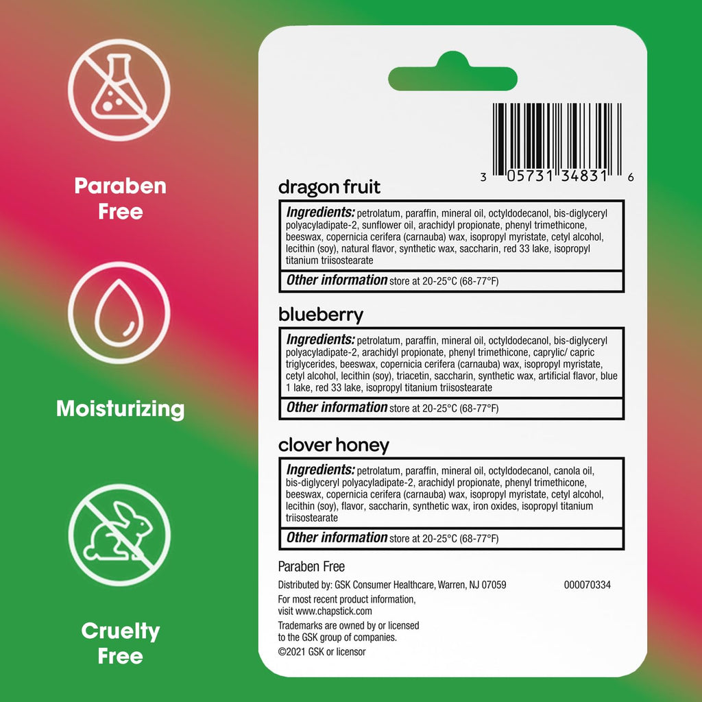 Buy now ChapStick Lip Balm, Superfood Collection 3-Pack – Dragon Fruit, Blueberry & Clover Honey, Moisturizer for Dry Lips, 0.15 Oz at indiglob india