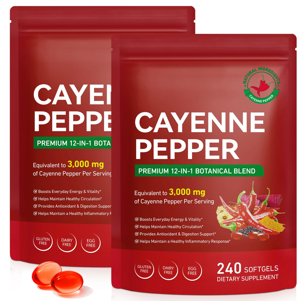 FANSHI Cayenne Pepper Softgels Supplement, 2 PCS, 240 Capsules | 12-in-1 Serving with Vitamins D3, K2 & E, Supports Healthy Circulation & Daily Energy, Features Hawthorn, Beetroot & Turmeric