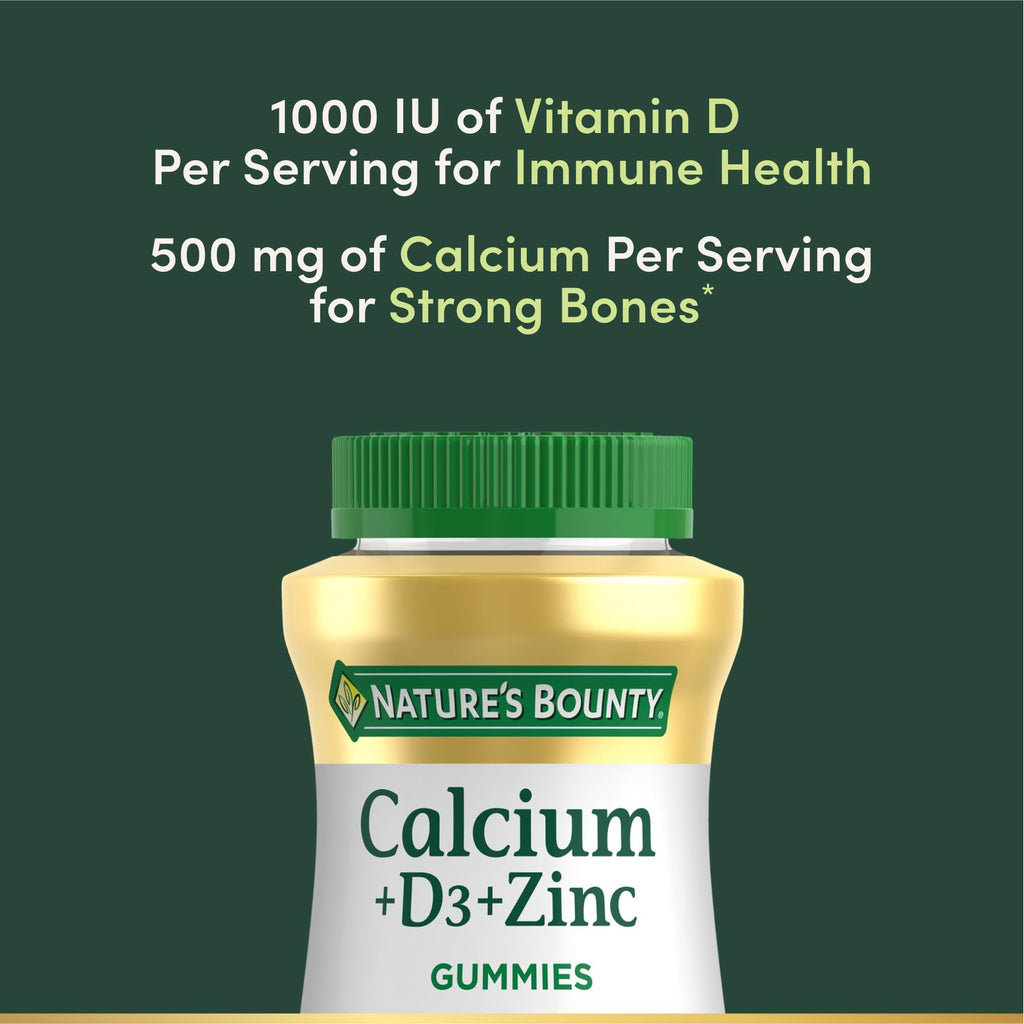Nature's Bounty Calcium + D3 + Zinc Gummies, 500mg, 70ct | Orange & Cherry, Supports Strong Bones & Teeth, Healthy Immune System