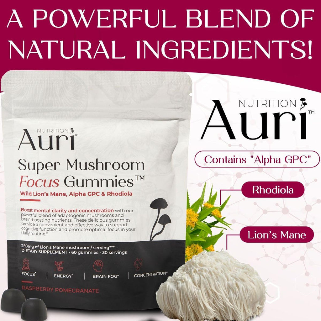 Auri Nutrition Super Mushroom Focus Gummies w/Lion's Mane, Alpha GPC & Rhodiola – Mushroom Supplement to Support Cognitive Function, Mental Clarity, Focus & Energy, 60 Gummies, Vegan Friendly, Non GMO