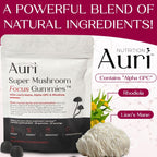 Auri Nutrition Super Mushroom Focus Gummies w/Lion's Mane, Alpha GPC & Rhodiola – Mushroom Supplement to Support Cognitive Function, Mental Clarity, Focus & Energy, 60 Gummies, Vegan Friendly, Non GMO