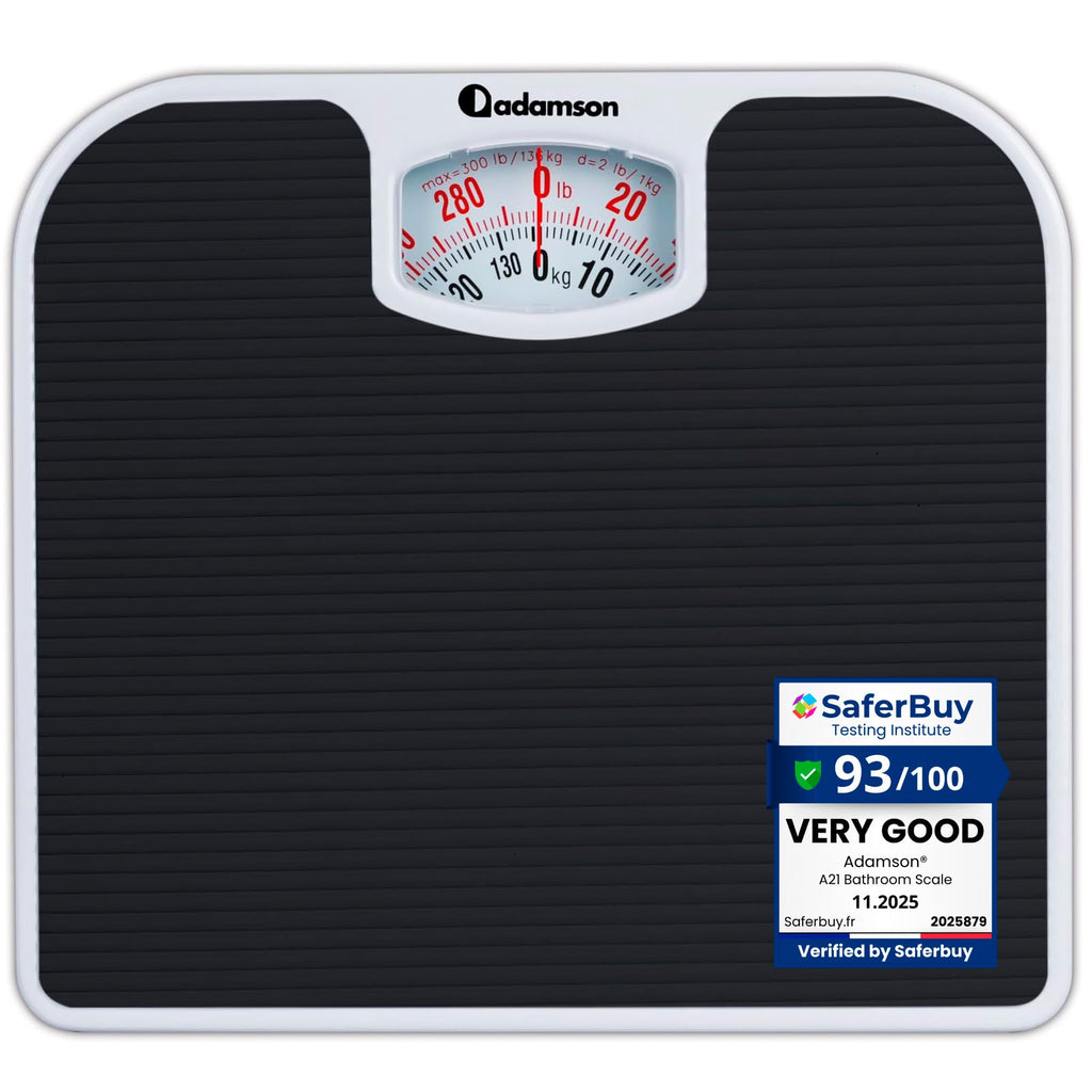 Adamson A21 Analog Scales for Body Weight - Up to 300 LB - New - Anti-Skid Rubber Surface + Large Numbers - Analog Bathroom Scale - Affordable - Durable with 20-Year Assurance - Black