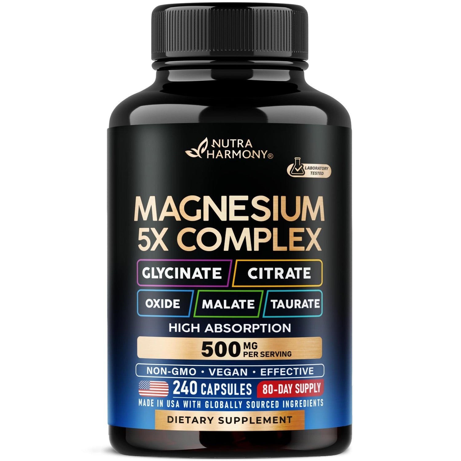 Magnesium Complex - Glycinate, Citrate, Malate, Taurate, Oxide - 180 Caps | 5-in-1 Magnesium Supplement 500 mg - for Women & Men - Stress, Muscle & Heart Support - Laboratory Tested - Vegan, Non-GMO