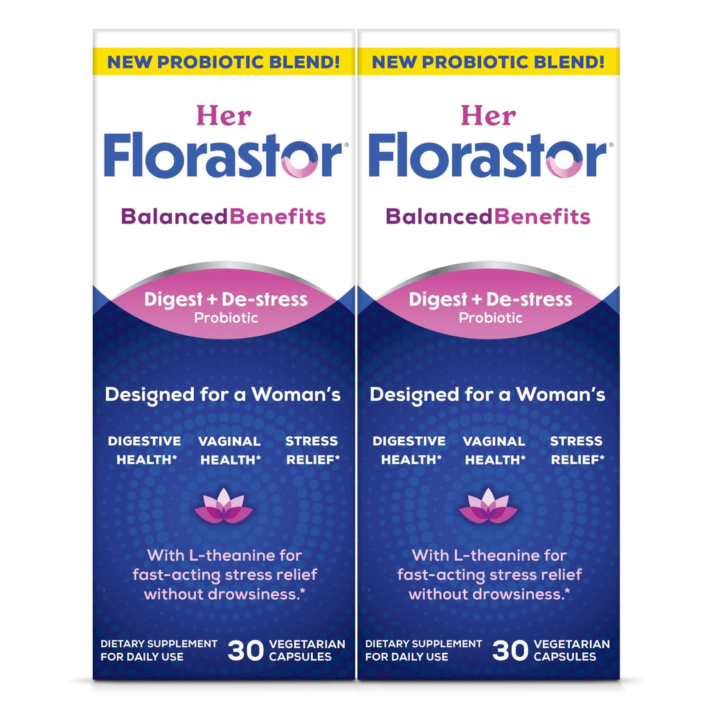 Florastor Probiotics for Women, Digest and De-Stress, 30 Capsules | Digestive Health and Vaginal Probiotic with L-Theanine for Mind and Body Wellness