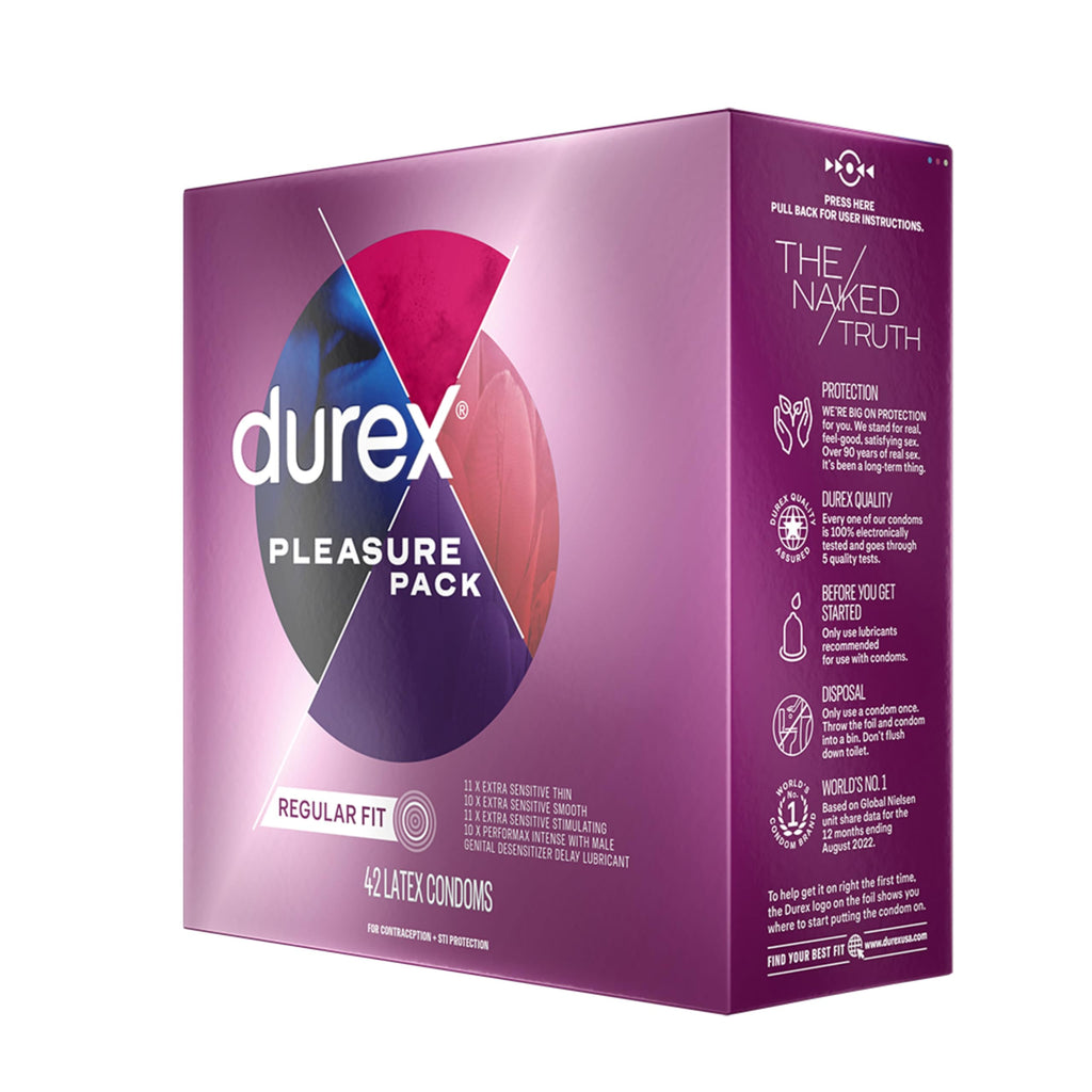 Durex Pleasure Pack Assorted Thin Condoms, Exciting Mix of Sensation and Stimulation, Lubricated Natural Rubber Latex Condoms for Men, 42 Count