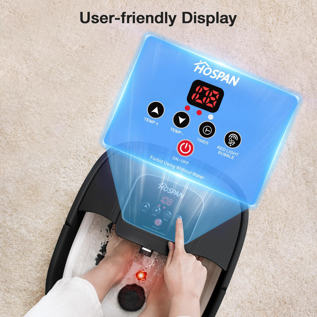 HOSPAN Collapsible Foot Spa, Foot Bath Massager with Heat, Bubble & Massage | 8 Shiatsu Rollers, 95°F-118°F Temp Control, Red Light, Handle, Space-Saving Collapsible Design, for Stress Relief