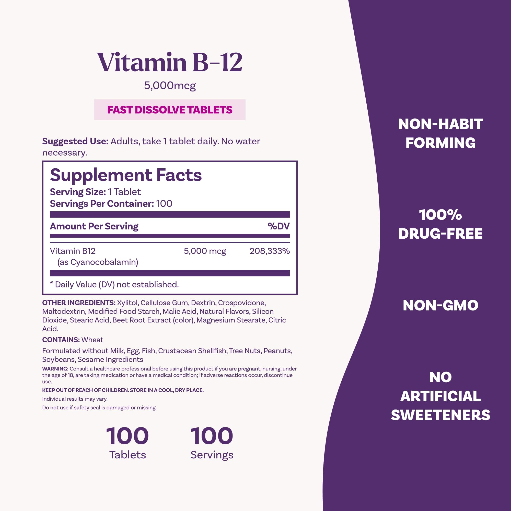 Natrol Vitamin B12 5000 mcg Fast Dissolve B12 Supplement, 100 Tablets | Supports a Healthy Nervous System and Energy Metabolism, 100 Day Supply