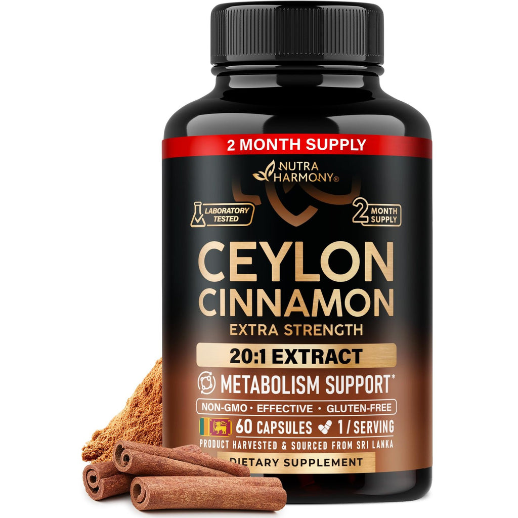 Ceylon Cinnamon Capsules - Energy Heart & Metabolism Support - 60 Capsules | Pure Natural Cinnamon Supplement for Men & Women - Extra Strenght 20:1 Extract - GMO & Gluten-Free - 2-Month Supply